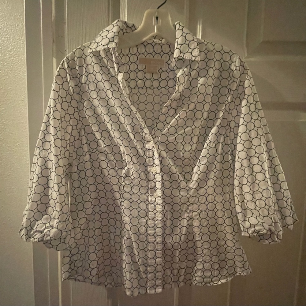 Sz 6 Michael Kors Cotton Puff 3/4 Sleeve Button Down Shirt White/Navy - Picture 11 of 11